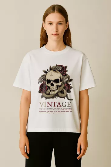 Vintage Skull – Beyaz Oversize Tişört